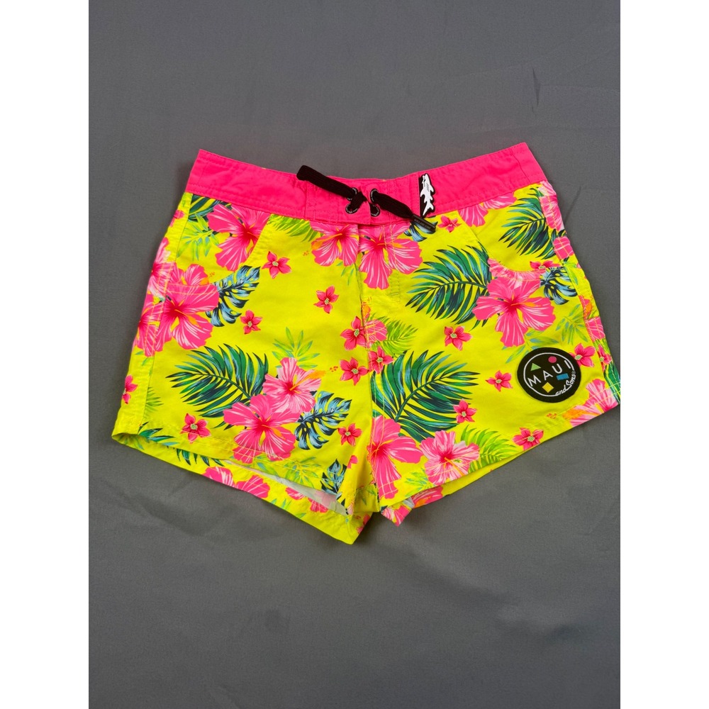 Maui and Sons Kids Neon Yellow Pink Floral Board Shorts Swim Trunks Size S‎ 7/8